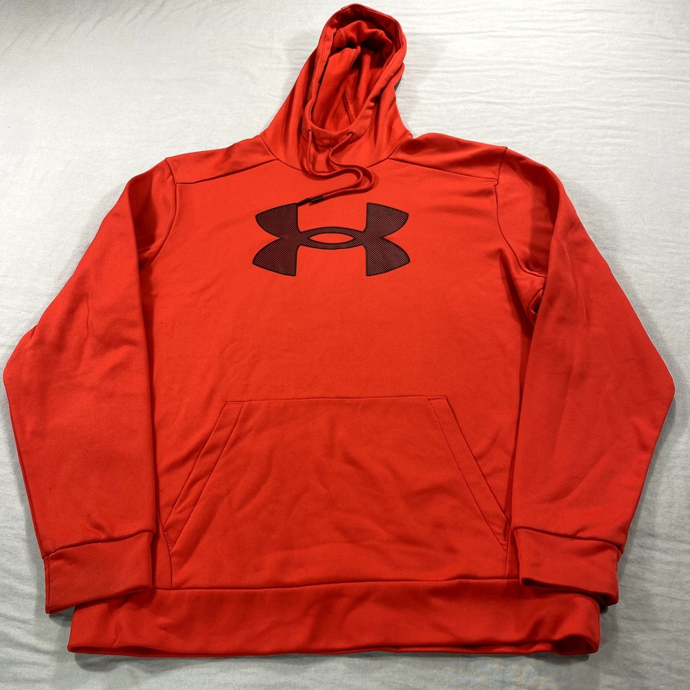Under Armour Hoodie Mens Large Red Fleece Pullover Sweatshirt Big Logo‎ Gym Run